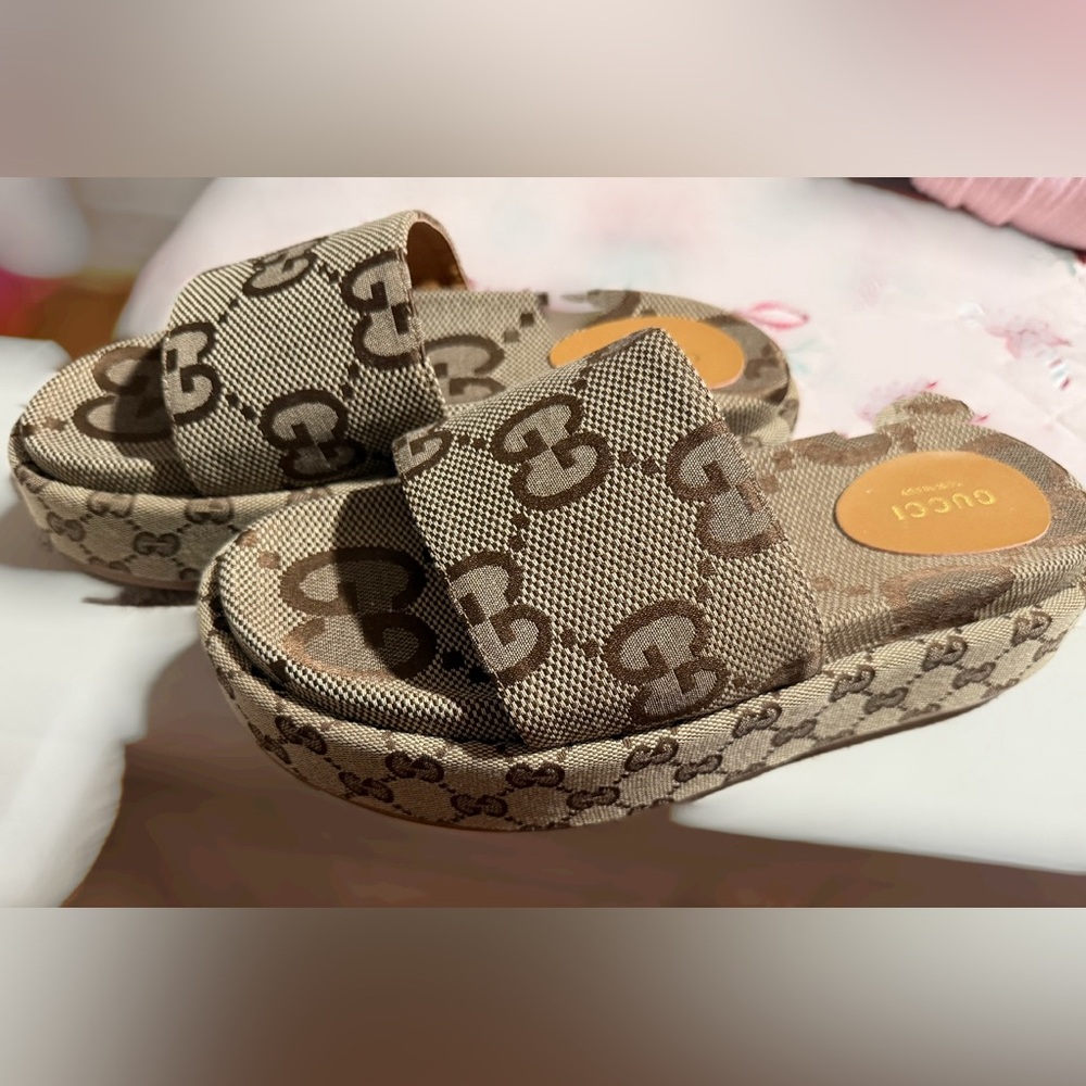 Gucci Tan and Brown Monogram Slides